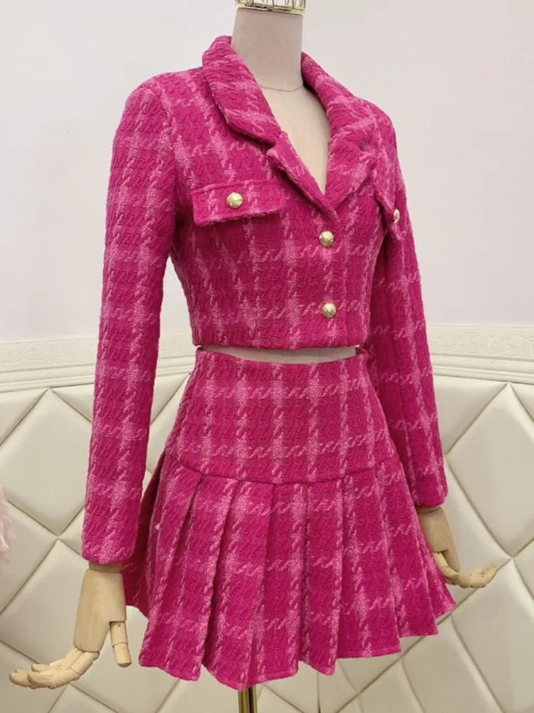 tweed crop top woolen short jacket coat + mini skirts sets