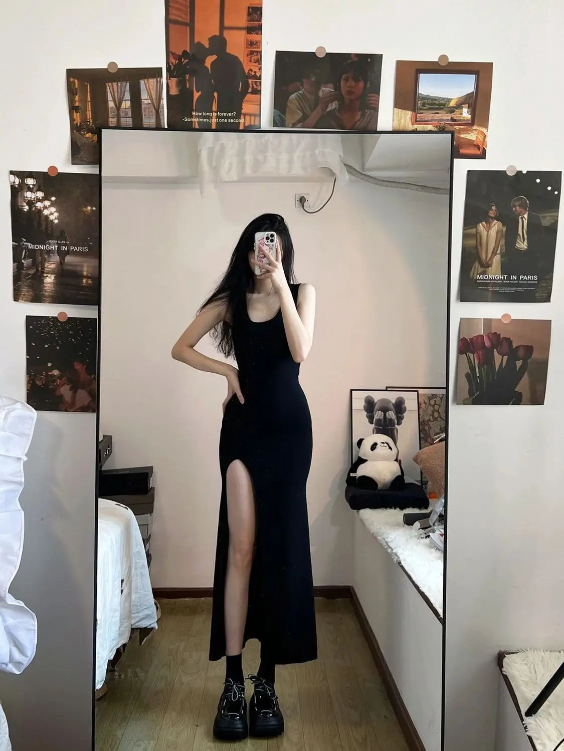 black side slit sleeveless dresses