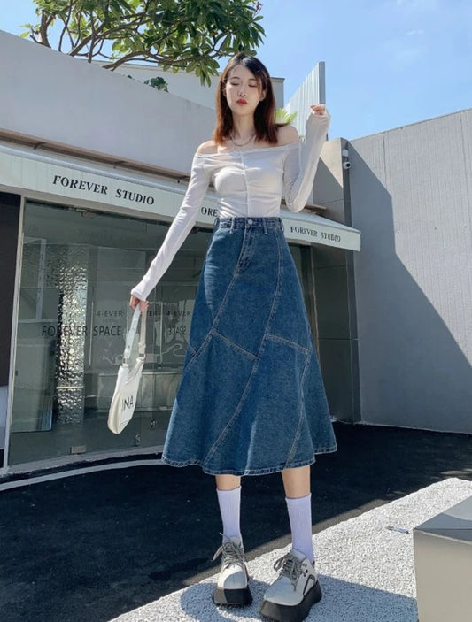 denim trumpet skirts