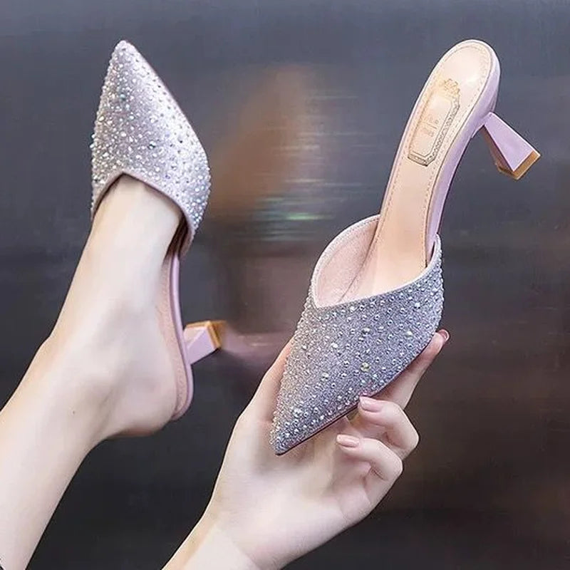 rhinestone stiletto heel slippers